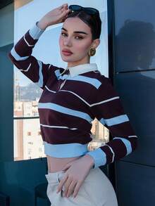 Bris Aura Women's Autumn/Winter Collegiate Style Polo Collar Contrast Striped Brown And Blue Loose Knit Sweater,Brown Sweater,Fall - Multicolor - View 3