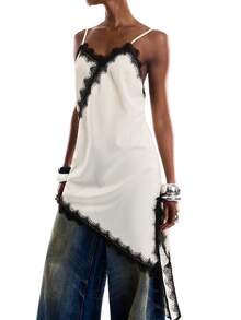 LYSMO 女士优雅撞色蕾丝边饰不对称下摆露背吊带迷你连衣裙，夏季 - 彩色 - 查看 3