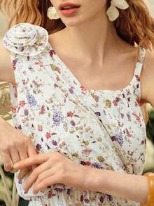 MOTF PREMIUM WOMEN'S ROMANTIC FLORAL PRINT ASYMMETRICAL NECK DRESS, SPRING/SUMMER - Apricot - View 2