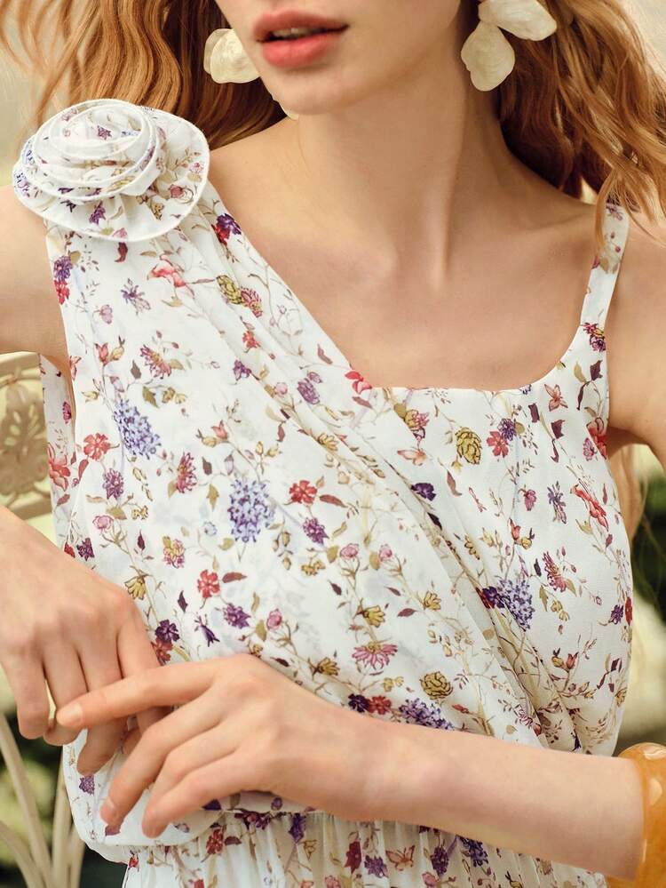Abito da donna con stampa floreale romantica, scollo asimmetrico, adatto per primavera/estate
