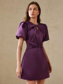 BELROSIE Elegante vestido corto de mujer con diseño de lazo fruncido, mangas de pétalos y silueta evasé, de satén para fiesta - Morado - Ver 3