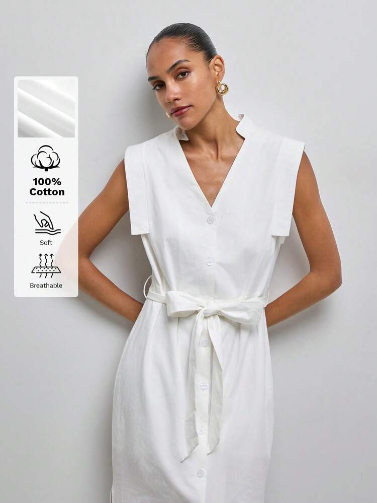 SHEIN Maija Women's Solid Color Sleeveless V-Neck Front Button Simple Long Dress, Fashionable For Summer St Patrick's Day Women Easter Summer Outfits Easter Dress Women Party Top Beach Dress Summer Holiday Outfits Each Vacation Outfits For Women Summer Outfit For Women Going Out Outfits Graduation Graduation Outfit Casual Dresses Casual Blouses For Women,Summer Dresses For Women