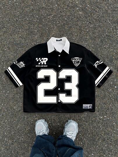 Manfinity ZONE917 男士街头风黑白撞色23号运动印花衬衫，适合春夏穿着，送朋友的好礼物