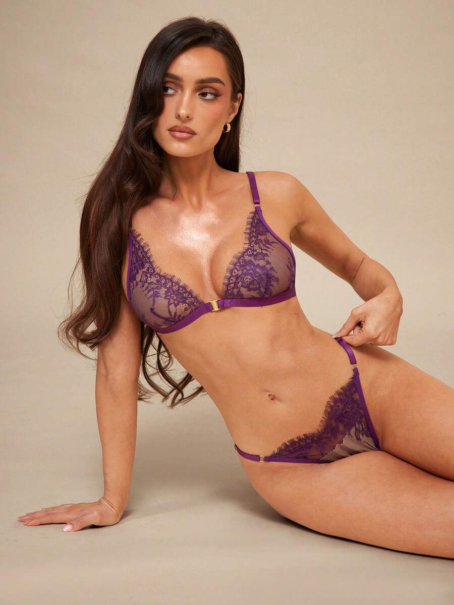 Silquee 女士纯色蕾丝性感外出内衣套装 - 紫色 - 查看 1