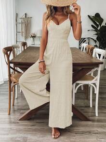 Breezaya Jumpsuit Wanita Model V-Neck Tanpa Punggung dengan Tali Pita, Merah Mawar, Musim Semi/Panas - Aprikot - View 4