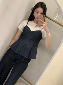 DAZY Áo sơ mi denim nữ dáng suông, cổ chữ V, dây mảnh, dáng xòe. - Màu xanh lam - Xem 5
