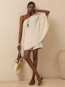 Vesra Vacation Casual Asymmetric Hem Top + Shorts 2 Pieces Set - Apricot - View 3