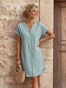 EMERY ROSE Solid Notched Button Front Batwing Sleeve Shirt Dress,Summer Dresses For Women - Green - View 3