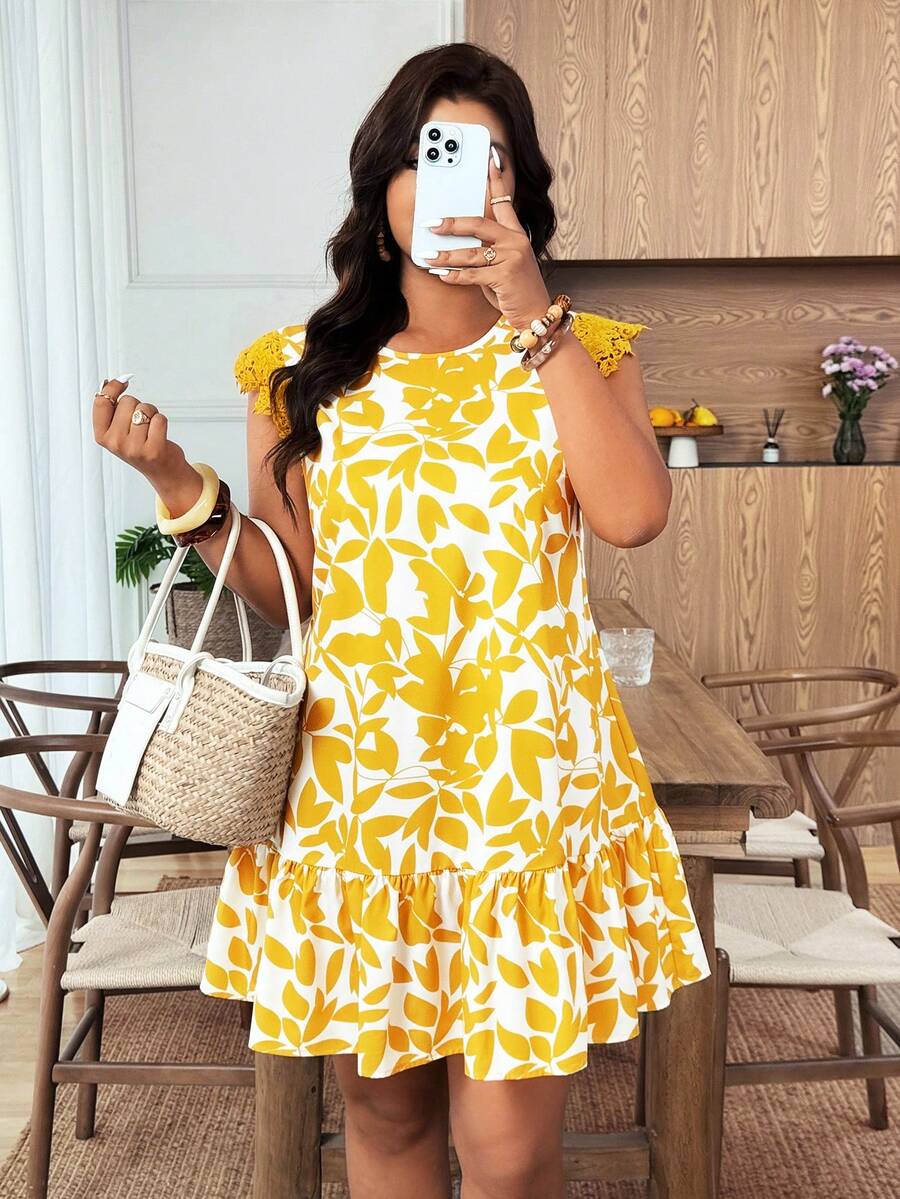 Weeklong Gaun Pendek Model Smock Boho Ukuran Besar dengan Motif Acak, Leher Bulat, Lengan Pendek, Hem Bergelombang, Kain Tenun, Aneka Warna untuk Pakaian Musim Panas - MultiWarna - View 1