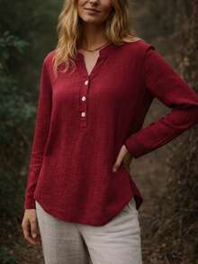 SHEIN Holidaya Women's Casual Versatile Solid Color Notch Collar Blouse - Burgundy - View 3