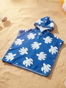 幼儿男童浅绿色卡通海龟印花连帽泳衣罩衫，婴幼儿尺码，V领连帽斗篷，婴儿可穿戴浴巾，沙滩披肩，沐浴游泳必备 - 寶藍色 - 查看 5