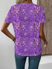 Camiseta de mujer de manga corta con cuello en V y estampado gráfico bohemio, para verano - Multicolor - Ver 2
