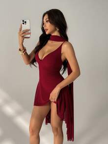 SHEIN PETITE Summer Beach Vacation Elegant Solid Black Deep V-Neck Ribbon Mini Dress, Suitable For Daily Dating, Night Out, Nightclubs, Parties, Get-Togethers, Cocktail Parties, Holiday Jumpsuits, Pool Parties, Office Wear, Commuter Dresses,Rave Outfits Festival - Red - View 4