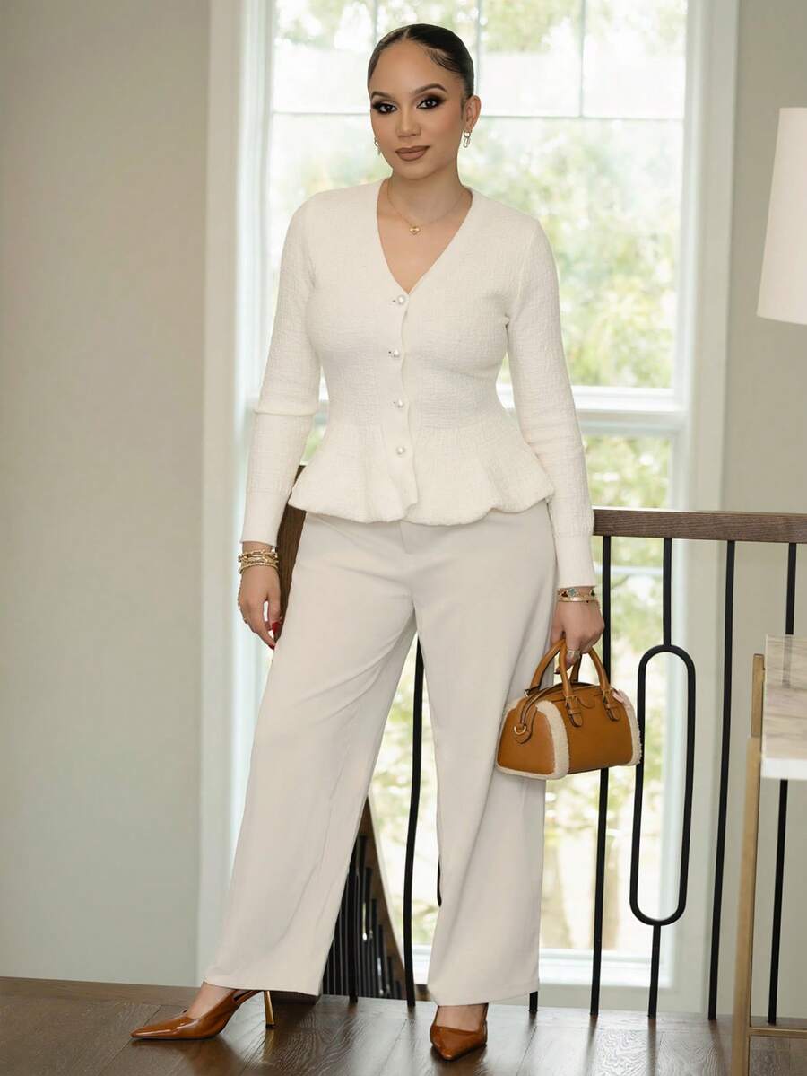 Áo khoác cardigan dáng rộng đính nút ngọc trai cho nữ, mùa thu - Màu be - Xem 1