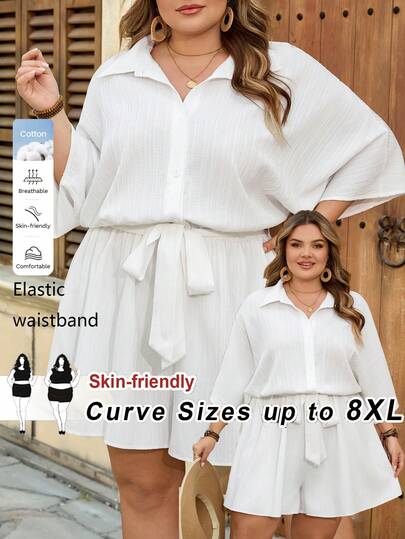 SHEIN CURVE+ Curve Size US22Music Festival, Seaside Vacation, BohemiaPlus Batwing Sleeve Knot Front Shirt Romper