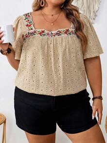 SHEIN CURVE+ Plus Size Square Neckline, Minimalist And Fashionable, Suitable For Summer Beach For Woman/Beach /Beach Vacation/Beach Essentials / Graduation/Tea Party Summer/Country/Beach Vacation/Beach/Beach Wear, Going Out Top - Khaki - View 5