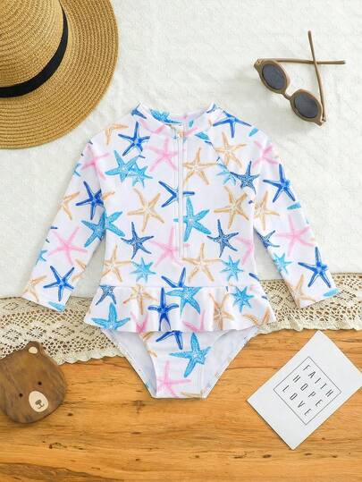女婴海星印花拉链荷叶边沙滩连体泳衣