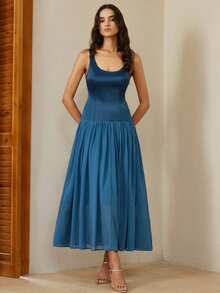 Aveloria Rosie Elegant Chiffon Dress With Satin Fabric Splicing, U-Neck Sleeveless Design, Minimalist High-End Luxury Style For Women - Teal Blue - View 5