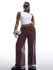 LYSMO Plus Size Women's Music Festival Mesh Sequin Loose Pants - Brown - View 3