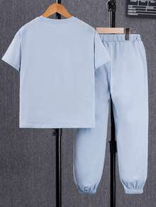 Vacaura 男童休闲白色条纹口袋设计短袖T恤和针织运动裤套装（2件套），春夏款 - 藍色 - 查看 2