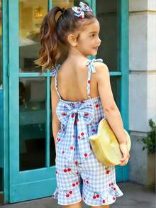 Bộ áo liền quần cho bé gái, kiểu dáng thanh lịch, thoải mái, thích hợp cho kỳ nghỉ, dây mảnh, ôm sát, màu xanh dương, chất liệu dệt kim, thích hợp cho mùa xuân/hè, phù hợp cho các hoạt động ngoài trời. - Màu xanh lam - Xem 4