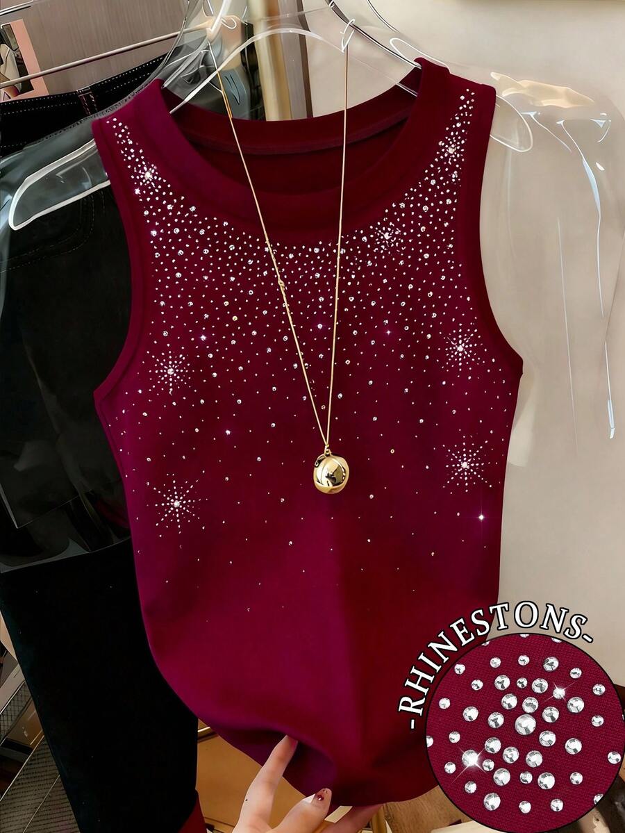 Resyla 休闲水钻装饰纯色圆领背心，夏季 - 彩色 - 查看 1