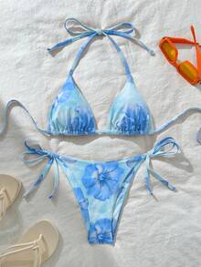 Swim Vcay Women's Sexy Random Print Halter Tie Bikini Set, Summer - Multicolor - View 1