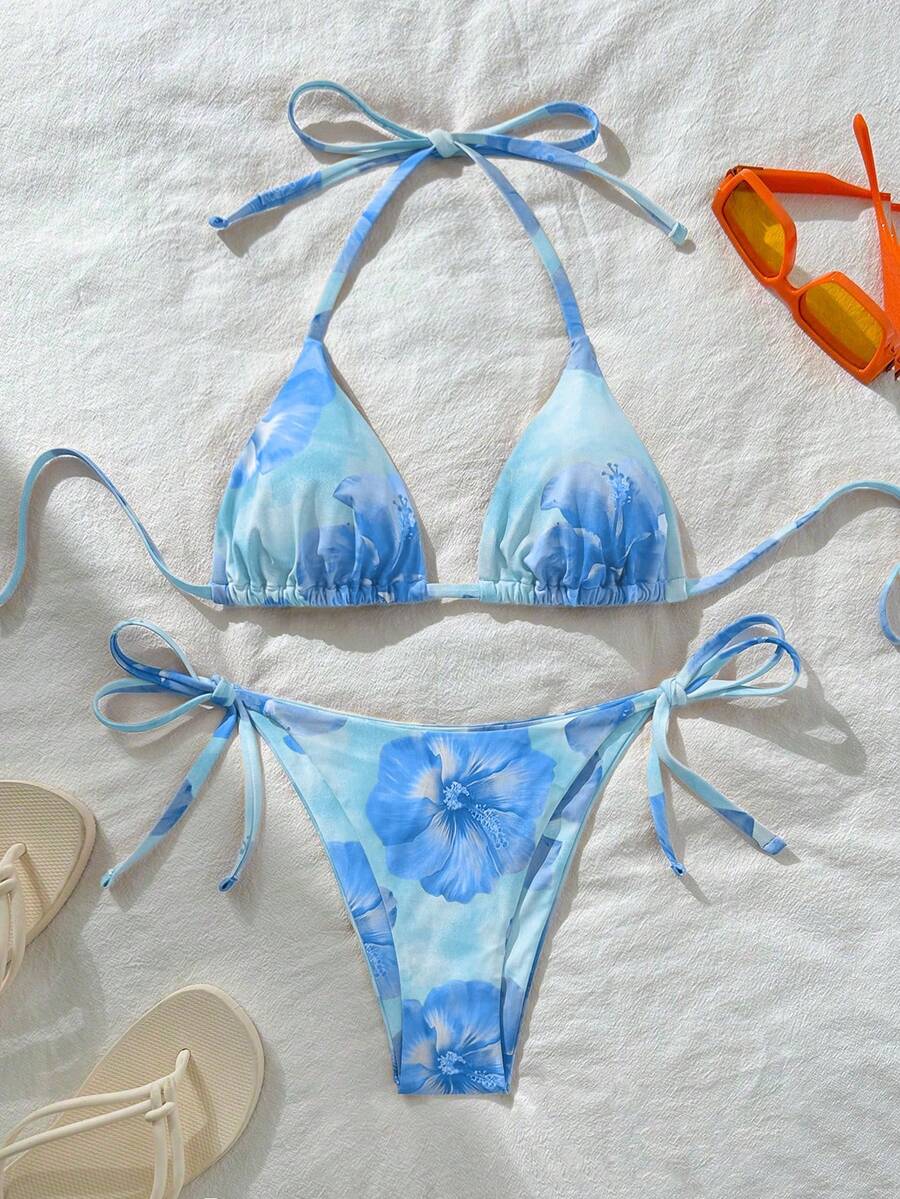 Swim Vcay Women's Sexy Random Print Halter Tie Bikini Set, Summer - Multicolor - View 1