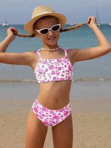 SHEIN 少女碎花比基尼套装，针织面料，蝴蝶结设计，欧美时尚优雅休闲风，适合游泳、度假、夏季、海滩等场合。 - 粉色 - 查看 3