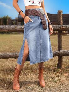 Breezaya Falda vaquera casual y versátil para uso diario con bolsillos y diseño de abertura con botones en la parte delantera - Azul lavado medio - Ver 6