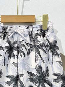 SHEIN 男童个性化泳裤，棕榈叶印花设计，舒适透气，适合游泳池和海滩穿着 - 藍色 - 查看 4