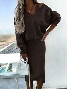 INAWLY 2 件套女士套装：纯色落肩长袖运动衫和无袖连衣裙 - 咖啡棕 - 查看 1