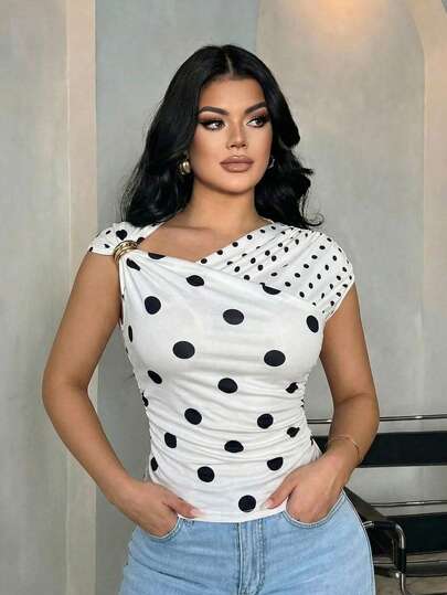 SHEIN SXY 女士波点褶皱金属装饰修身休闲日常T恤