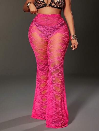 Maweii Plus Size Women's Lace Sexy Elastic Skinny Pants, Fuchsia, For Going Out & Party