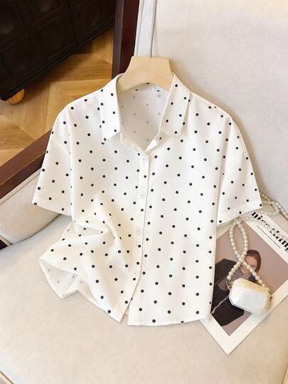 Resyla Sweet And Adorable Black-And-White Polka Dot Print Women's Loose-Fit Long-Sleeve Shirt. Polka Dot Print, Style, Fashionable Shirt, Stylish Shirt, Sibling Gift, Sister Gift, Fun Shirt, Casual Minimalist Fashion Top.