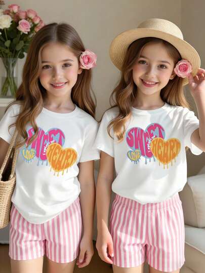 Spring And Summer Girls' Casual Fashion Creative Personality Fresh Minimalist Heart-Shaped Pink & White Vertical Striped Graphic Letter Print Comfortable Basic Short T-Shirt And Shorts Set, Suitable For Spring/Summer Outfits