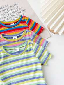 3pcs/Set Cute Colorful Striped Short Sleeve Knit Top For Baby Girls, Summer - Multicolor - View 6