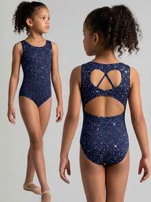 女童露背针织连体裤，多功能舞蹈服、滑冰服、休闲日常运动服、舒适连体衣 - 藏蓝色 - 查看 6