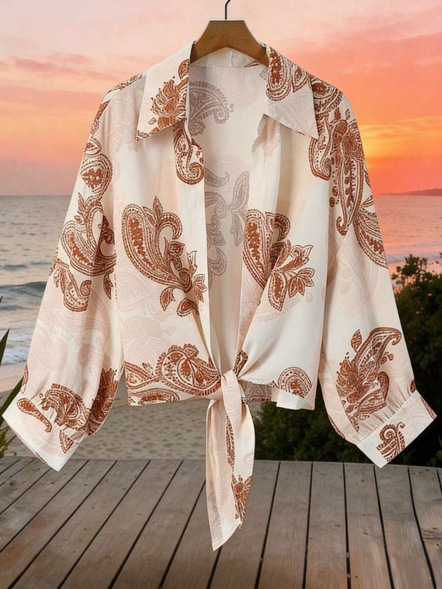 GlowEve Women's Casual Lightweight Jacket With Paisley Pattern, Suitable For Vacation - Apricot - View 1