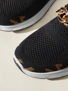 CUCCOO EASI Black And Gold Casual Sports Chunky Sneakers, Metal Chain Decorative Platform Sneakers, Spring And Summer Commuting Versatile Women's Shoes - Black . - View 3