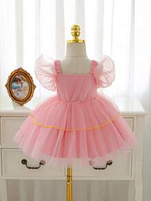 SHEIN Glamorique Kids 女婴公主裙，粉色网纱无袖连衣裙，饰有宝石和金色丝带，可爱针织连衣裙，适合生日派对、婚礼、节日等场合，四季皆宜。 - 淺粉色 - 查看 2