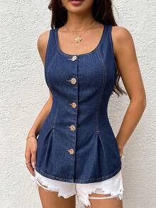 SHEIN U领纽扣前开襟无袖牛仔上衣，腰部收紧 - 深色水洗藍 - 查看 6