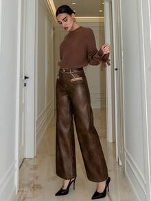 Bris Aura 复古做旧洗水PU皮革口袋裤，女款新年款 - 巧克力棕 - 查看 3