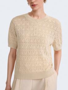 Aalyst 夏季通勤优雅奶油色钩针镂空针织上衣，蕾丝饰边，圆领半扣雾染系列女士短袖毛衣 - 杏色 - 查看 6