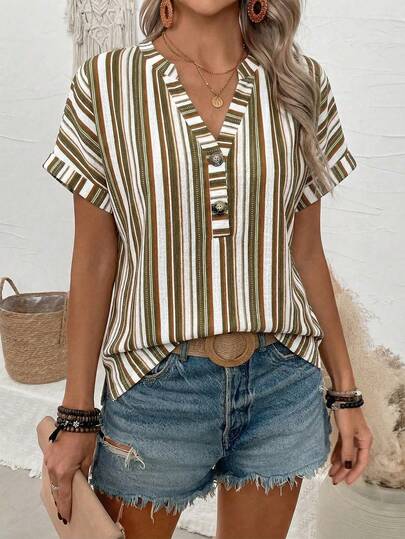 Lymera Women's Casual Fashion Party/Commute Vintage Colorful Striped Brown Button Decor V-Neck Short Sleeve T-Shirt, Spring/Summer