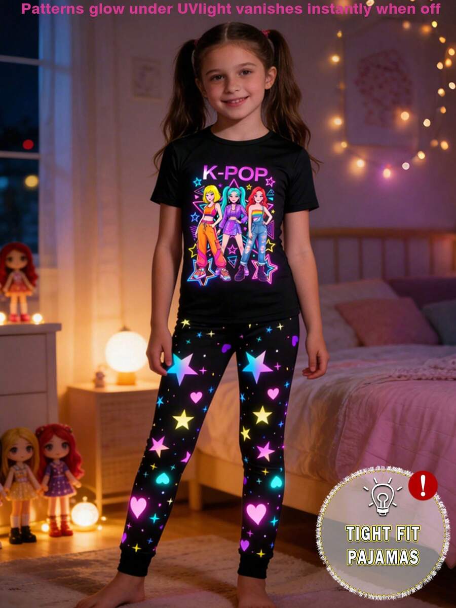 Tween Girls Glow-In-The-Dark Pajama Set, Black Short Sleeve Top With Girl Group Print And Black Leggings With Star & Heart Print, Tight Fit Style Runs Small, Recommend Sizing Up - White - View 1