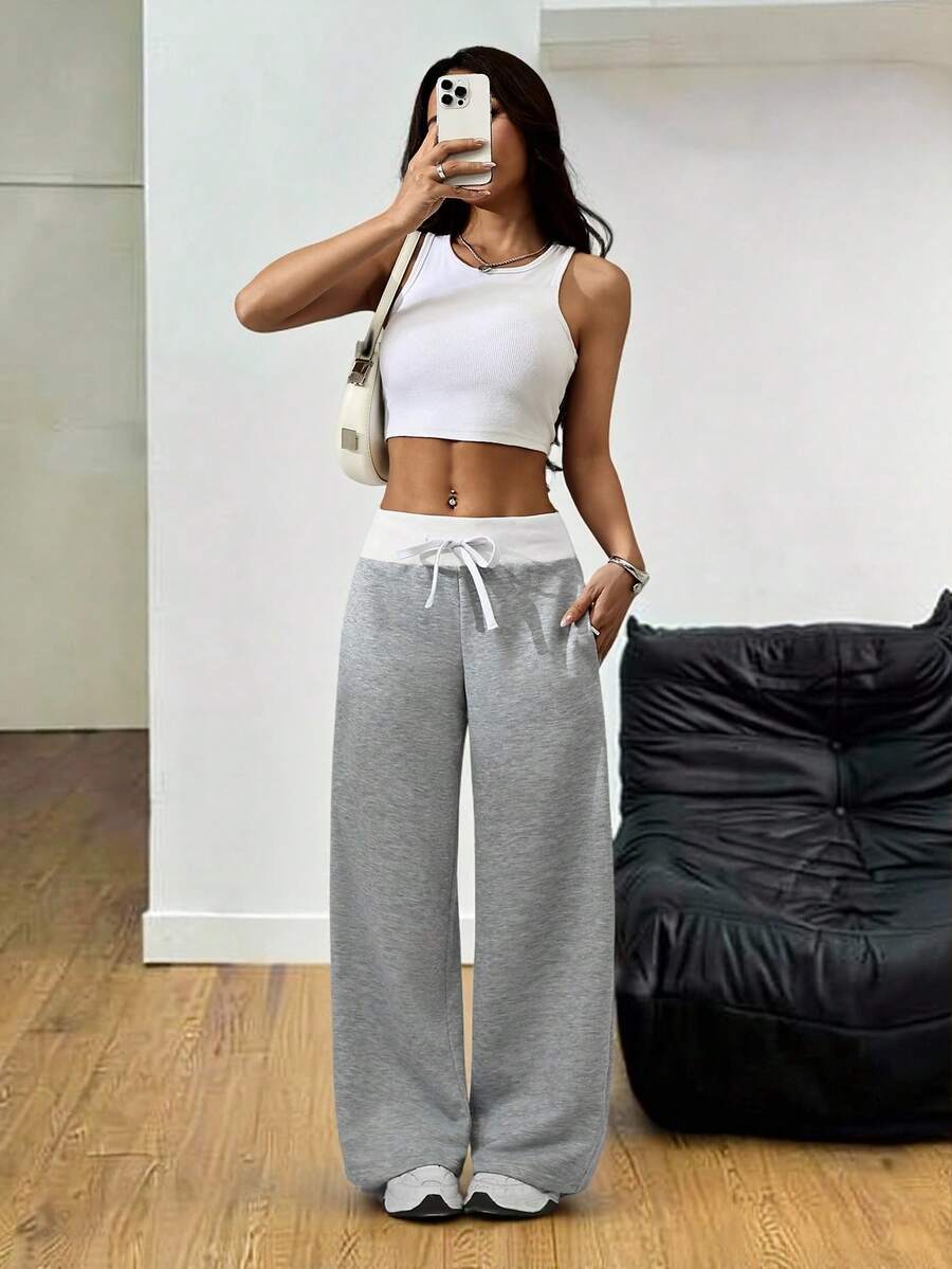 SHEIN PETITE 舒适休闲纯色针织低腰阔腿女式运动裤
