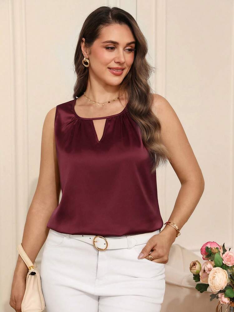 Plus Size Women Solid Color Keyhole Neck Sleeveless Elegant Blouse Silky Tops For Women Summer Tops For Women Elegant Blouse For Women Casual Elegant Women's Tops For Summer Summer Outfits For Women Beach Outfit For Women Casual Vacation Outfits Women Country Concert Outfit Peplum