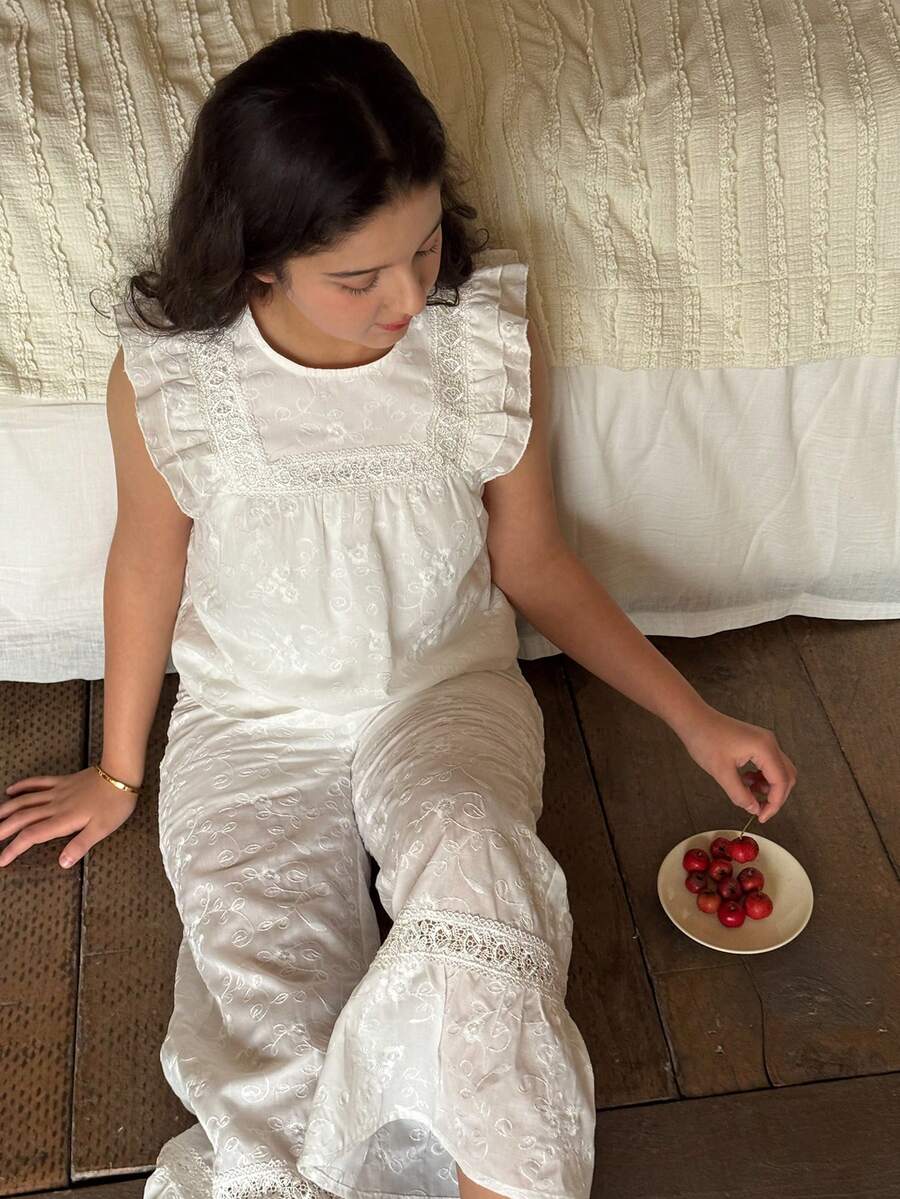 DAZY Đồ ngủ thêu kiểu Pháp cho bé gái, quần áo mặc nhà dễ thương, mùa xuân/hè, quần áo mùa thu cho bé gái tuổi teen, quần áo mặc nhà cho bé gái tuổi teen - Màu be - Xem 1