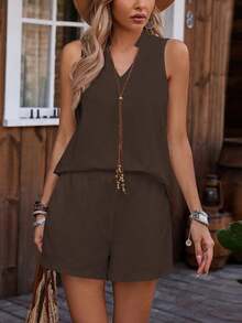 EMERY ROSE Women's Solid Color V-Neck Sleeveless Shirt And Shorts Casual 2-Piece Set - Coffee Brown - View 5